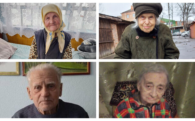 Clockwise from top left: Aleksandra B.'s grandson took his grandmother to a village 100 kilometers (62 miles) away to find safety; Lidia S., 97, drove with her daughter from Kyiv to Poland where they were able to maketheir way to Switzerland to stay with her grandson; Olympiada D. will be 100 in December 2022 and lives in Odessa; Alekander S., who will be 92 in June, is now in western Ukraine after escaping the bombing. (Courtesy of The Jewish Foundation for the Righteous/via JTA)
