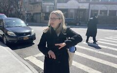 Frieda Vizel leading a tour of Williamsburg, New York, April 2022. (Danielle Ziri)