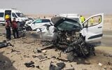 Two wrecked cars involved in an accident along route 90 in the Arava, southern Israel, May 28, 2022. (Courtesy of Arava regional council)