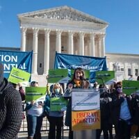 Sheila Katz, CEO of the National Council of Jewish Women, speaks at an abortion rights rally in front of the US Supreme Court in December 2021. (Courtesy of Danya Ruttenberg)