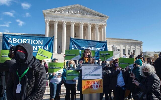 Sheila Katz, CEO of the National Council of Jewish Women, speaks at an abortion rights rally in front of the US Supreme Court in December 2021. (Courtesy of Danya Ruttenberg.)