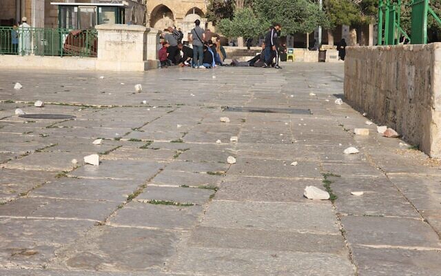 An image of rocks police say were thrown toward officers from inside the Al-Aqsa Mosque on the Temple Mount, May 29, 2022 (Israel Police)
