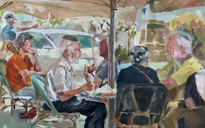 'Jerusalem Cafe,' oil on canvas by Zavi Apfelbaum, part of her exhibit 'Light, Life and the Land - Scenes from Israel that opens May 3, 2022 at Teatro Paesana in Turin, Italy (Courtesy Zavi Apfelbaum)