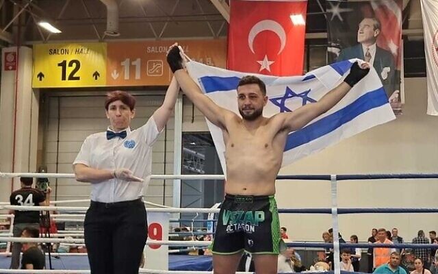 Israeli kickboxer Loai Sakas after winning the world championship in Turkey, May 18, 2022. (Israel Kickboxing Association)