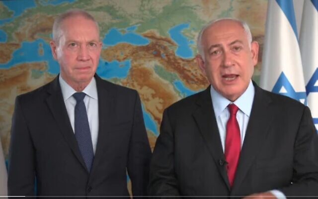 Screen capture from video of opposition leader MK Benjamin Netanyahu, right, and fellow Likud party member MK Yoav Gallant, May 19, 2022. (Twitter)