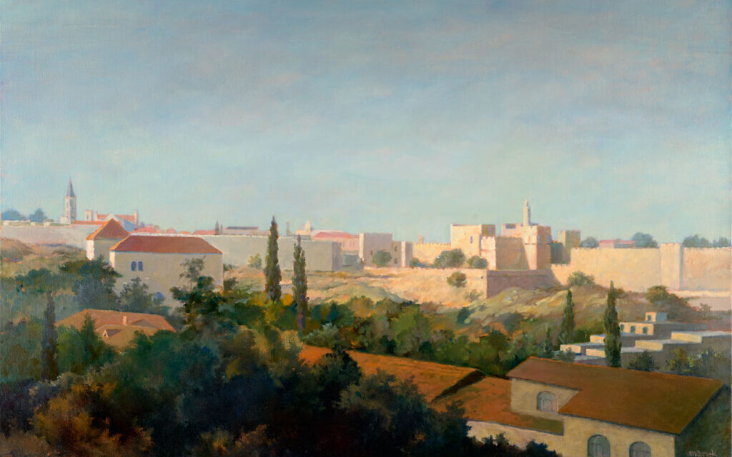'Dusk from the King David Hotel Rooftop,' Oil on canvas by Marek Yanai, on display at Beit Avi Chai exhibition, 'On the Threshold, Jerusalem in Oil and Watercolor,' through July 2022 (Courtesy Beit Avi Chai)