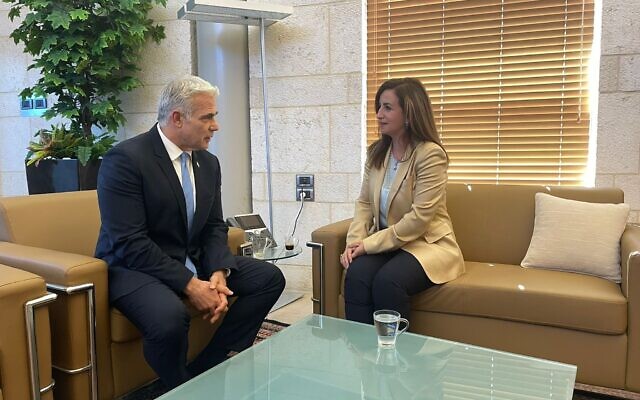 Foreign Minister Yair Lapid meets with Meretz MK Ghaida Rinawie Zoabi in the Foreign Ministry in Jerusalem on May 22, 2022. (Oz Avital)