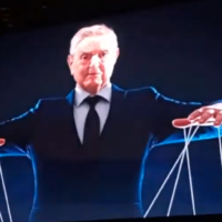 An image depicting Jewish philanthropist George Soros as a puppet master, from a campaign video for Kim Crockett, Minnesota GOP candidate for Secretary of State. (Screen capture via JTA))