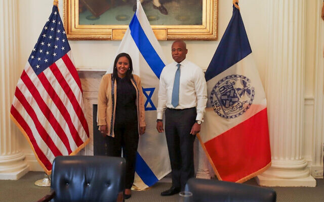 Israel's Immigration and Absorption Minister Pnina Tamano-Shata, left, meets New York City Mayor Eric Adams, right, in New York, May 23, 2022. (Courtesy)