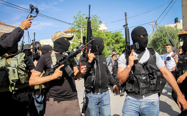 Palestinian gunmen in Jenin after the death of Shireen Abu Akleh, May 11, 2022. (Nasser Ishtayeh/Flash90)