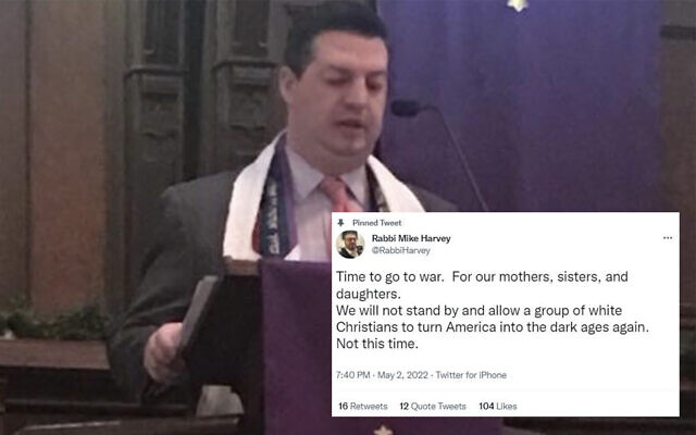 Rabbi Michael Harvey, and the offending tweet he said he wrote out of anger. (Courtesy via JTA)
