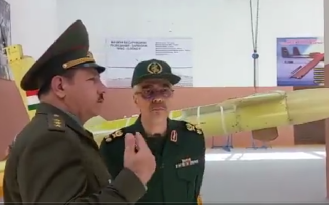 Chief of staff of Iran’s armed forces, Gen. Mohammad Hossein Bagheri, right, visits the site of a production line for a new military drone dubbed Ababil-2 in Tajikistan. (Screenshot/Twitter)