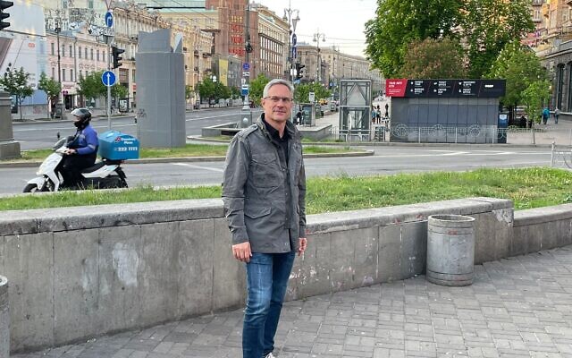 Israeli Ambassador to Ukraine Michael Brodsky in Kyiv on his first day back since before the Russian invasion, May 16, 2022. (Courtesy)