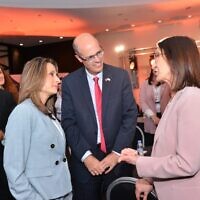 Israeli Minister of Innovation, Science and Technology Orit Farkash-Hacohen (left) speaks with former Moroccan energy minister Amina Ben Khadra and SNC CEO Avi Hasson at the 'Connect to Innovate' conference organized by Start-Up Nation Central in Casablanca, Morocco, May 25, 2022. (SNC)