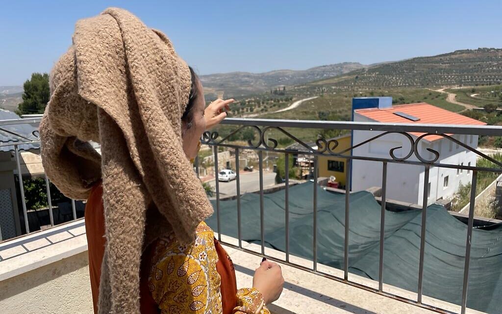 Otzma Yehudit MK Limor Son Har-Melech looks out at the Homesh hilltop, from her Shavei Shomron home, May 26, 2022. (Carrie Keller-Lynn/The Times of Israel)