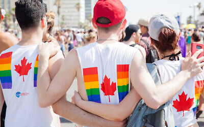 Participants in Canada Israel Experience's LGBTQ Birthright Israel trip in Tel Aviv during Pride (courtesy)