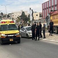 An ambulance at the scene where two children died after being trapped in a car on on May 20, 2022 (Magen David Adom)
