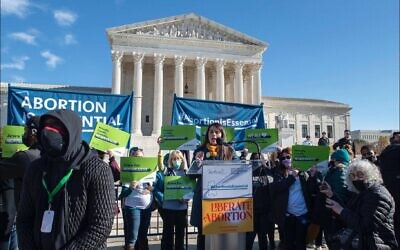 Sheila Katz, CEO of the National Council of Jewish Women, speaks at an abortion rights rally in front of the US Supreme Court in December 2021. (Courtesy of Danya Ruttenberg via JTA)