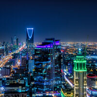 The Riyadh Tower in Riyadh, Saudi Arabia at night. (MOHAMED HUSSAIN YOUNIS via iStock by Getty Images)