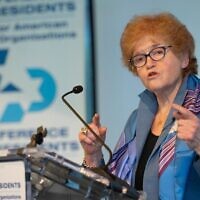 Ambassador Deborah Lipstadt speaks at a conference arranged by the Conference of Presidents of Major American Jewish Organizations at the Museum of Jewish Heritage on 26 May, 2022, in Manhattan. (Shahar Azran via JTA)