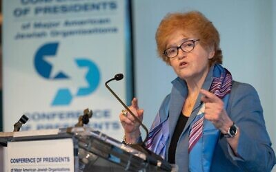 Ambassador Deborah Lipstadt speaks at a conference arranged by the Conference of Presidents of Major American Jewish Organizations at the Museum of Jewish Heritage on 26 May, 2022, in Manhattan. (Shahar Azran via JTA)