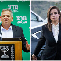Health Minister and chief of the left-wing Meretz party Nitzan Horowitz (left) at the Knesset, on May 16, 2022; Meretz MK Ghaida Rinawie Zoabi (right) arrives for an interview at Channel 12 news, in Neve Ilan, on May 19, 2022. (Olivier Fitoussi/Flash90)