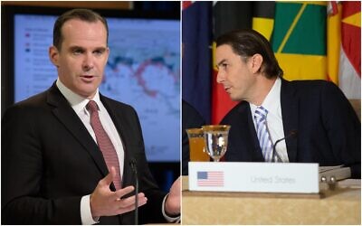 US National Security Council Middle East coordinator Brett McGurk and State Department energy envoy Amos Hochstein. (AP/collage)