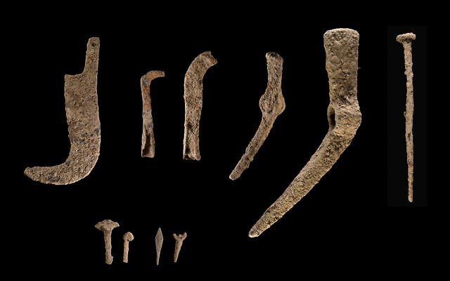 Tools made of iron found at a Hellenistic-era farmstead uncovered in the Galilee during salvage excavations ahead of a pipe bring desalinized water to the Sea of Galilee. (Dafna Gazit, Israel Antiquities Authority)