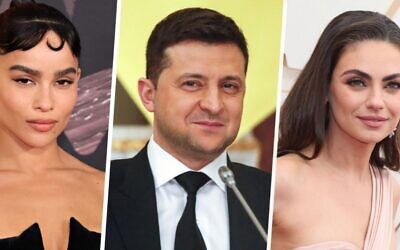 Zoë Kravitz, left, Ukrainian President Volodymyr Zelensky, center, and Mila Kunis, right all were all included on Time magazine’s annual list of the world’s 100 most influential people. (Cindy Ord/Irina Yakovleva/TASS/David Livingston/Getty Images)