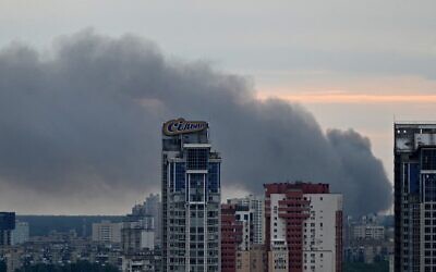 Smoke rising from several explosions that hit the Ukrainian capital Kyiv early in the morning, June 5, 2022. (Sergei SUPINSKY/AFP)
