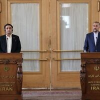 Iran's Foreign Minister Hossein Amir-Abdollahian (right) gives a joint press statement with his Pakistani counterpart Bilawal Bhutto Zardari (left) at the foreign ministry headquarters in Tehran, Iran, June 14, 2022. (Atta Kenare/AFP)