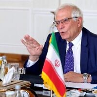 Josep Borrell, the High Representative of the European Union for Foreign Affairs and Security Policy speaks during a meeting with Iran's Foreign Minister at the Foreign Ministry headquarters in Iran's capital Tehran on June 25, 2022. (Atta Kenare/AFP)