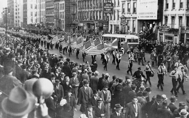 Carrying swastika flags, the German-American Bund parades down East 86th Street in New York City before a large rally at the Yorkville Casino. (New York World-Telegram and the Sun Newspaper Collection, Library of Congress, LC-USZ62-11748/courtesy Michael Benson)
