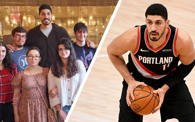 Left: Enes Kanter Freedom poses with students at Brooklyn Amity School when he visited on Monday, June 13 2022; Right: Kanter Freedom playing for the Portland Trailblazers in the NBA (Courtesy/ via JTA)