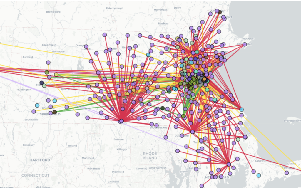 A map of purported connections between Jewish groups and other organizations in Massachusetts created by The Mapping Project. (Screenshot/JTA)