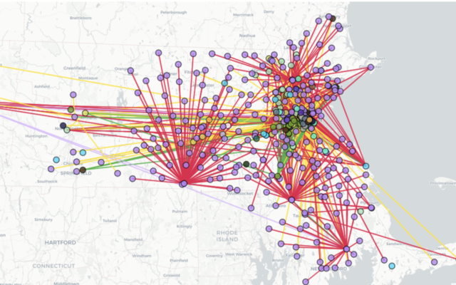 A map of purported connections between Jewish groups and other organizations in Massachusetts created by progressive activist group The Mapping Project, which says its goal is to map 'institutional support for the colonization of Palestine.' (Screenshot/ JTA)