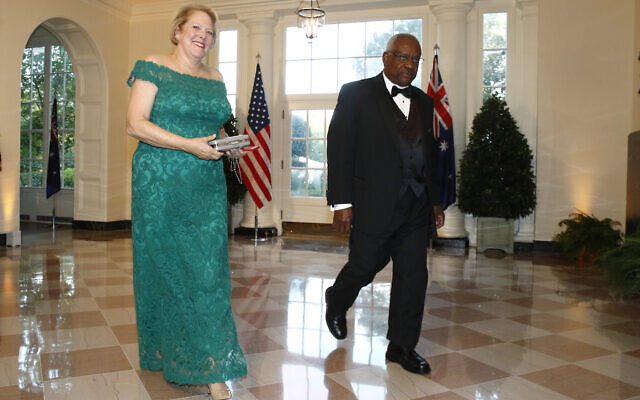 Virginia 'Ginni' Thomas, wife of Supreme Court Associate Justice Clarence Thomas, right, arrive for a State Dinner with then-Australian prime minister Scott Morrison and then-US president Donald Trump at the White House, September 20, 2019, in Washington. (AP Photo/Patrick Semansky, File)