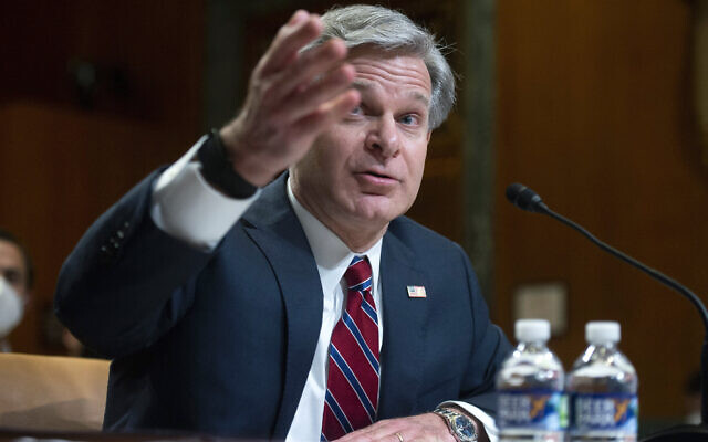 FBI director Christopher Wray testifies during a Senate Appropriations Subcommittee hearing in Washington, on May 25, 2022. (Bonnie Cash/Pool Photo via AP, File)