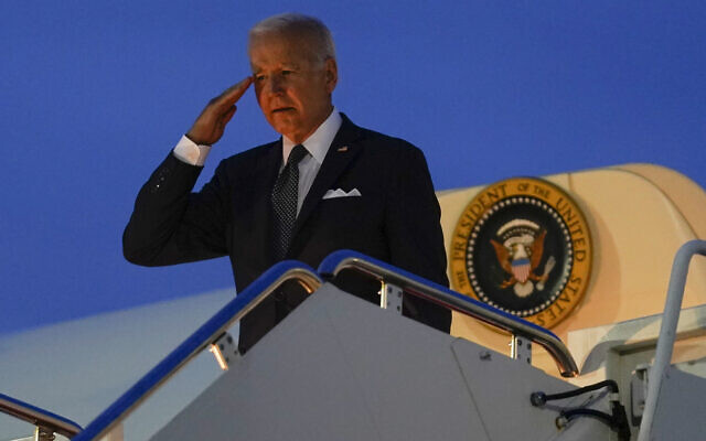 US President Joe Biden salutes as he boards Air Force One at Andrews Air Force Base, Maryland, June 2, 2022. (AP Photo/Susan Walsh)