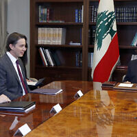 Lebanese President Michel Aoun, right, meets with US Envoy for Energy Affairs Amos Hochstein, center, and US Ambassador to Lebanon Dorothy Shea, left, at the presidential palace in Baabda, east of Beirut, Lebanon, Feb. 9, 2022.  (Dalati Nohra/Lebanese Official Government via AP)