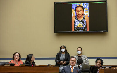 Miah Cerrillo, a fourth grade student at Robb Elementary School in Uvalde, Texas, and survivor of the mass shooting appears on a screen during a House Committee on Oversight and Reform hearing on gun violence on Capitol Hill in Washington, Wednesday, June 8, 2022.(Jason Andrew//The New York Times via AP, Pool)