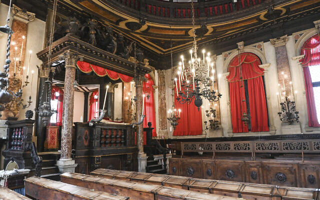 Interiors of the Spanish Schola Synagogue in Venice, northern Italy, are seen in this picture taken on June 1, 2022. The Spanish Schola, founded about 1580, but rebuilt in the first half of the 17th century, is the biggest of the Venetian synagogues. Venice’s Jewish ghetto is considered the first in Europe and one of the first in the world, and a new effort is underway to preserve its 16th century synagogues for the Jews who have remained and tourists who pass through. (AP Photo/Chris Warde-Jones)