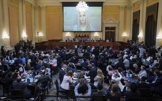 An image of Ivanka Trump is displayed on a screen as the House select committee investigating the Jan. 6 attack on the U.S. Capitol holds its first public hearing to reveal the findings of a year-long investigation, on Capitol Hill in Washington, Thursday, June 9, 2022.  (Jabin Botsford/The Washington Post via AP, Pool)