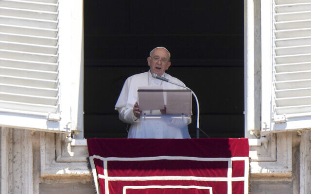 Pope Francis delivers his speech as he recites the Regina Coeli noon prayer from the window of his studio overlooking St. Peter's Square, at the Vatican, June 12, 2022. (AP Photo/Andrew Medichini)