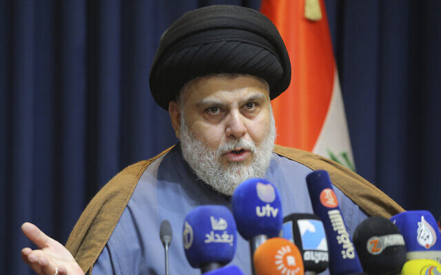 Populist Shiite cleric Muqtada al-Sadr, speaks during a mews conference in Najaf, Iraq, November 18, 2021. (Anmar Khalil/AP)