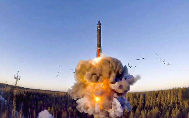In this file photo taken from a video distributed by Russian Defense Ministry Press Service, on Wednesday, Dec. 9, 2020, a rocket launches from missile system as part of a ground-based intercontinental ballistic missile test launched from the Plesetsk facility in northwestern Russia.   (Russian Defense Ministry Press Service via AP, File)