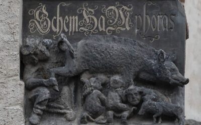 The 'Judensau' sculpture on the facade of the Town Church in Wittenberg, Germany, Jan. 14, 2020. (AP Photo/Jens Meyer)