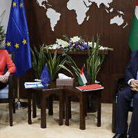 President of the European Commission Ursula von der Leyen meets with Palestinian Authority Prime Minister Mohammad Shtayyeh, in Ramallah, June 14, 2022. (Atef Safadi via AP)
