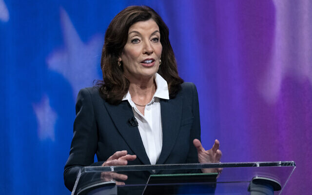 New York Governor Kathy Hochul speaks during a New York governor primary debate at the studios of WNBC4-TV, June, 16, 2022, in New York. (Craig Ruttle/Newsday via AP, Pool)