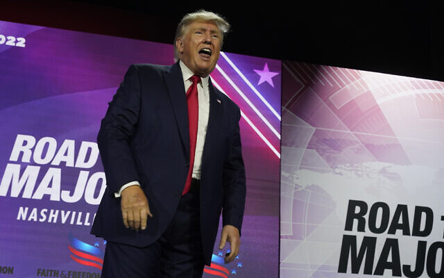 Former president Donald Trump leaves the stage after speaking at the Road to Majority conference, June 17, 2022, in Nashville, Tenn. (AP Photo/Mark Humphrey)